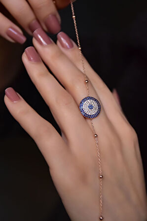 925 Ayar Gümüş Rose Kaplama Top Zincirli, Zirkon Taşlı Nazar Bileklik