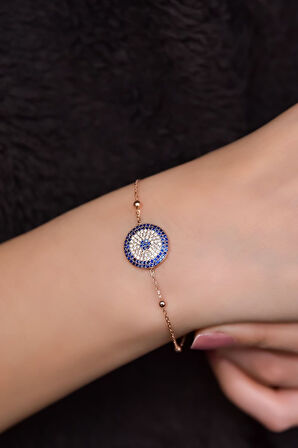 925 Ayar Gümüş Rose Kaplama Top Zincirli, Zirkon Taşlı Nazar Bileklik