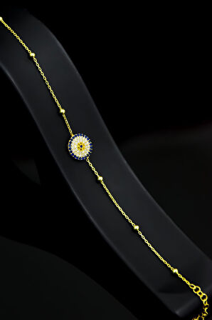 925 Ayar Gümüş Gold Kaplama Top Zincirli Nazar Bileklik