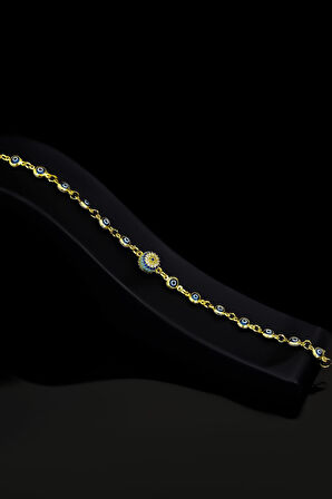 925 Ayar Gümüş Gold Kaplama Cam Göz Firuze Nazar Bileklik