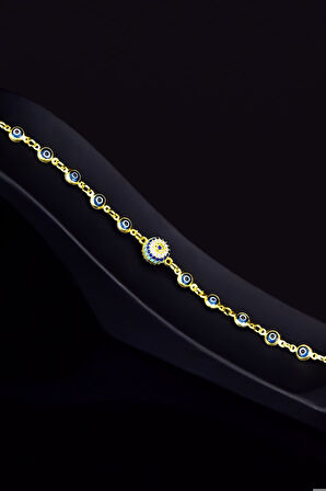 925 Ayar Gümüş Gold Kaplama Cam Göz Firuze Nazar Bileklik