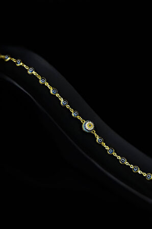 925 Ayar Gümüş Gold Kaplama Cam Göz Firuze Nazar Bileklik