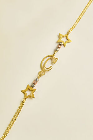 925 Ayar Gümüş Gold Kaplama Rose-rodyum Dorika Toplu Harfli, Dilek Yıldızı Bileklik