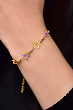 925 Ayar Gümüş Dorika Toplu Parlayan Rüya Serisi Ebruli Mor Cam Boyalı Dilek Yıldızları Bileklik