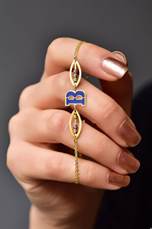 925 Ayar Gümüş Dorika Toplu Parlayan Rüya Serisi Ebruli Cam Boyalı Lacivert Harfi Bileklik