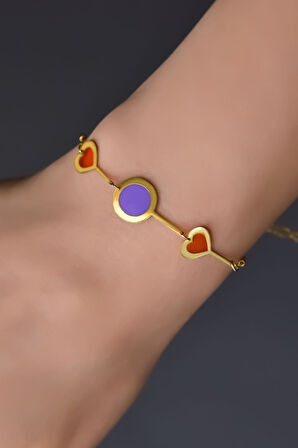 925 Ayar Gümüş Gold Kaplama Parlayan Rüya Serisi Yuvarlak, Kalp Tasarım Ebruli Cam Boyalı Bileklik