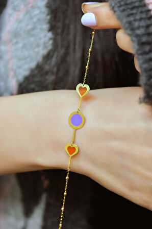 925 Ayar Gümüş Gold Kaplama Parlayan Rüya Serisi Yuvarlak, Kalp Tasarım Ebruli Cam Boyalı Bileklik