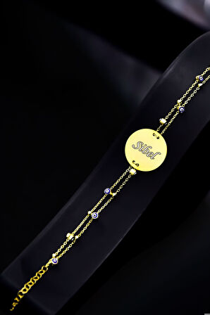 925 Ayar Gümüş Gold Kaplama Nazar Mineli Zincir Isimli Plaka Bileklik