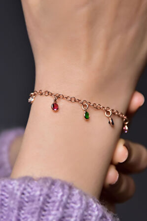 925 Ayar Gümüş Rose Kaplama Tiffany Mix Zirkon Taşlı Zincir Bileklik