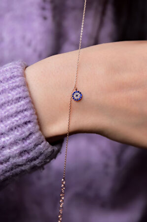 925 Ayar Gümüş Rose Kaplama Zirkon Taşlı Nazar Boncuğu Bileklik