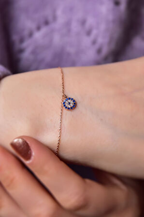 925 Ayar Gümüş Rose Kaplama Zirkon Taşlı Nazar Boncuğu Bileklik