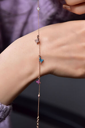 925 Ayar Gümüş Rose Kaplama Zirkon Taşlı Sıralı Mix Kelebek Bileklik