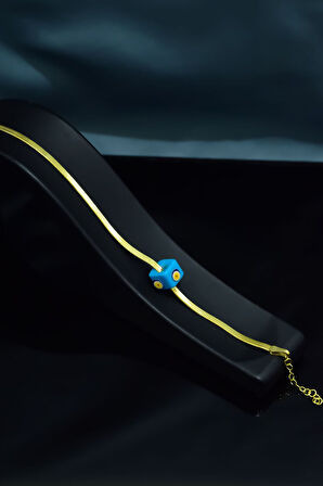 925 Ayar Gümüş Gold Kaplama Mavi Gözlü Kare Taşlı Italyan Zincir Bileklik