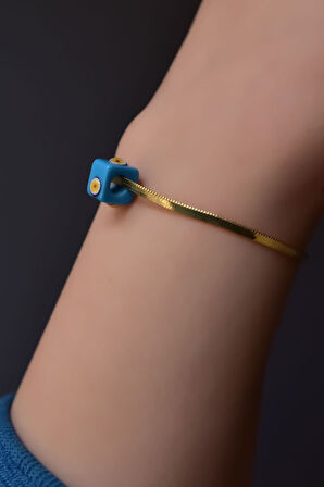 925 Ayar Gümüş Gold Kaplama Mavi Gözlü Kare Taşlı Italyan Zincir Bileklik