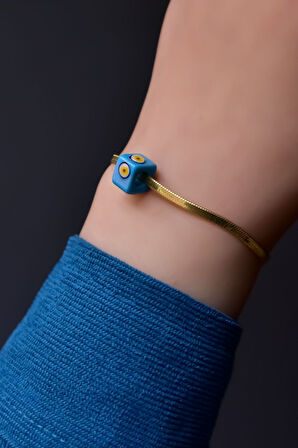 925 Ayar Gümüş Gold Kaplama Mavi Gözlü Kare Taşlı Italyan Zincir Bileklik