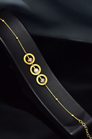 925 Ayar Gümüş Gold Kaplama Üç Çember Dorikalı, Incili Bileklik