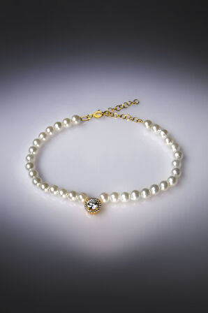 925 Ayar Gümüş Gold Kaplama Incili , Tektaş Bileklik