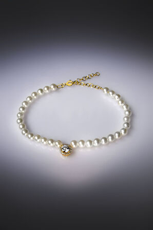 925 Ayar Gümüş Gold Kaplama Incili , Tektaş Bileklik