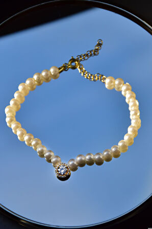 925 Ayar Gümüş Gold Kaplama Incili , Tektaş Bileklik