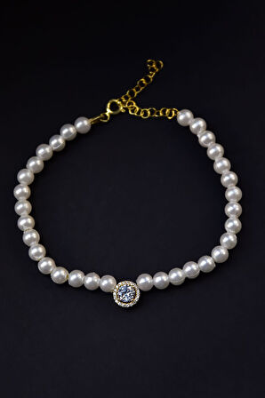 925 Ayar Gümüş Gold Kaplama Incili , Tektaş Bileklik