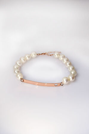 925 Ayar Gümüş Rose Kaplama Incili , Kalp Şekilli Plaka Bileklik