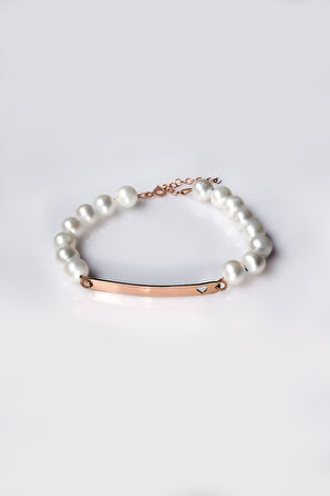 925 Ayar Gümüş Rose Kaplama Incili , Kalp Şekilli Plaka Bileklik