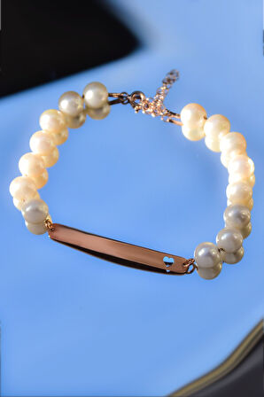 925 Ayar Gümüş Rose Kaplama Incili , Kalp Şekilli Plaka Bileklik