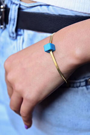 925 Ayar Gümüş Gold Kaplama Mavi Kare Boncuklu İtalyan Zincir Bileklik