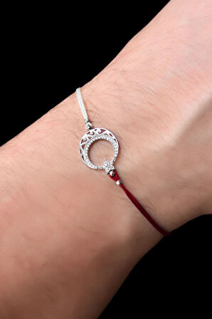 925 Ayar Gümüş Rodyum Kaplama Kırmızı Beyaz Türkiye ,Taraftar Desenli Ayyıldız Erkek Bileklik