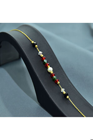 925 Ayar Gümüş Gold Kaplama Zarif Incili, Dört Renk Boncuklu Bileklik