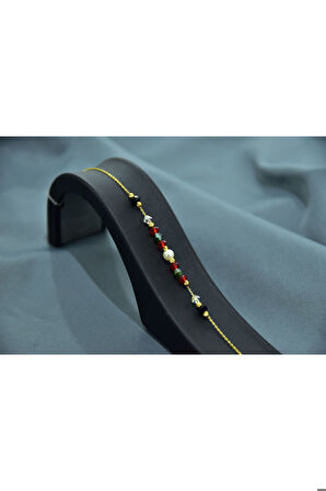 925 Ayar Gümüş Gold Kaplama Zarif Incili, Dört Renk Boncuklu Bileklik