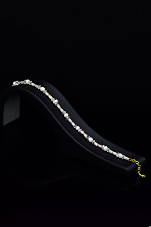 925 Ayar Gümüş Gold Kaplama Helezon Boncuklu, Şeffaf Beyaz Kristal Boncuk Bileklik