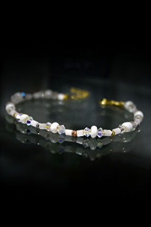 925 Ayar Gümüş Gold Kaplama Helezon Boncuklu, Şeffaf Beyaz Kristal Boncuk Bileklik