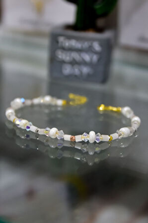 925 Ayar Gümüş Gold Kaplama Helezon Boncuklu, Şeffaf Beyaz Kristal Boncuk Bileklik