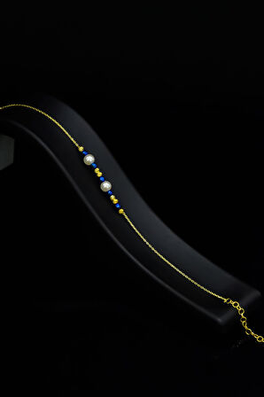 925 Ayar Gümüş Gold Kaplama Dorika Toplu , İki İncı Görünümlü Boncuk Bileklik