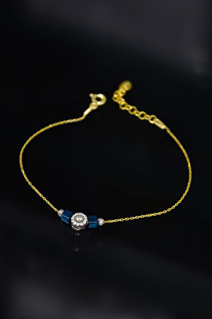 925 Ayar Gümüş Gold Kaplama Lacivert Küp Boncuklu, Yuvarlak Tek Taş Dorika Toplu Bileklik