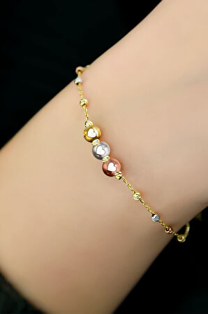 925 Ayar Gümüş Gold Kaplama Üç Renkli Kalp Simgeli Toplu Bileklik