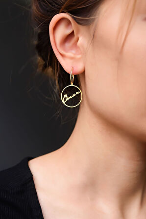 925 Ayar Gümüş Gold Kaplama Tekli Isim Halka Kadın Küpe Uvpts300014