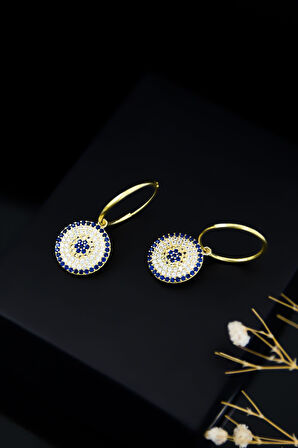 925 Ayar Gümüş Gold Kaplama Büyük Boy Nazar Halka Kadın Küpe Uvpts300017