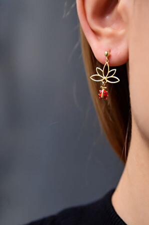 925 Ayar Gümüş Gold Kaplama Uğur Böceği Lotus Halka Küpe