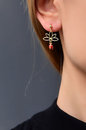 925 Ayar Gümüş Gold Kaplama Uğur Böceği Lotus Halka Küpe