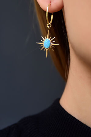 925 Ayar Gümüş Gold Kaplama Opal Taşlı Kutup Yıldızı Halka Küpe