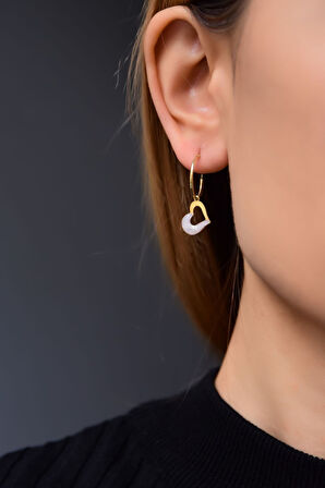 925 Ayar Gümüş Gold Kaplama Sedef Mineli Kalp Halka Kadın Küpe