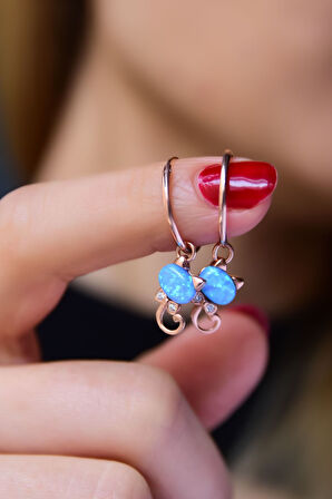 925 Ayar Gümüş Rose Kaplama Opal Taşlı Kedi Halka Kadın Küpe