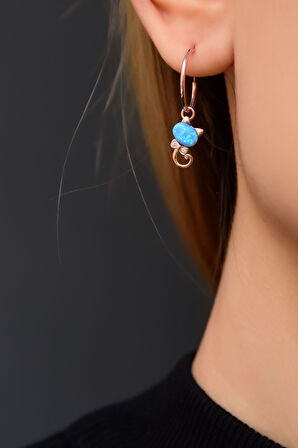 925 Ayar Gümüş Rose Kaplama Opal Taşlı Kedi Halka Kadın Küpe