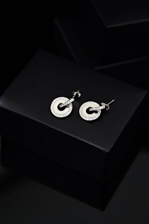 925 Ayar Gümüş Rodyum Çivili Zirkon Taşlı Plaka Küpe