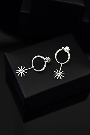 925 Ayar Gümüş Rodyum Çivili Zirkon Taşlı Halka Sallantılı Kar Tanesi Küpe