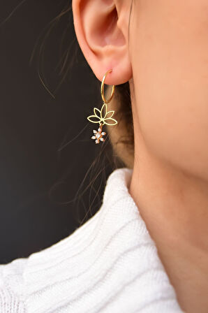 925 Ayar Gümüş Gold Kaplama Kar Tanesi Lotus Halka Küpe