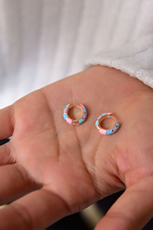 925 Ayar Gümüş Rose Kaplama Renkli Mineli Halka Küpe