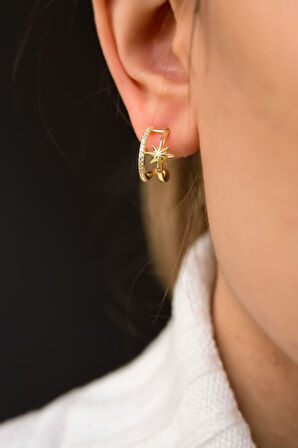 925 Ayar Gümüş Gold Kaplama Kutup Yıldızlı Zirkon Taşlı Halka Küpe